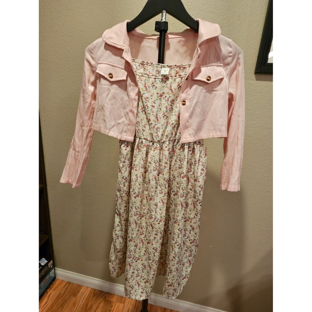 SHEIN Girl's Pale Pink Cropped Jacket with Floral Slip Dress